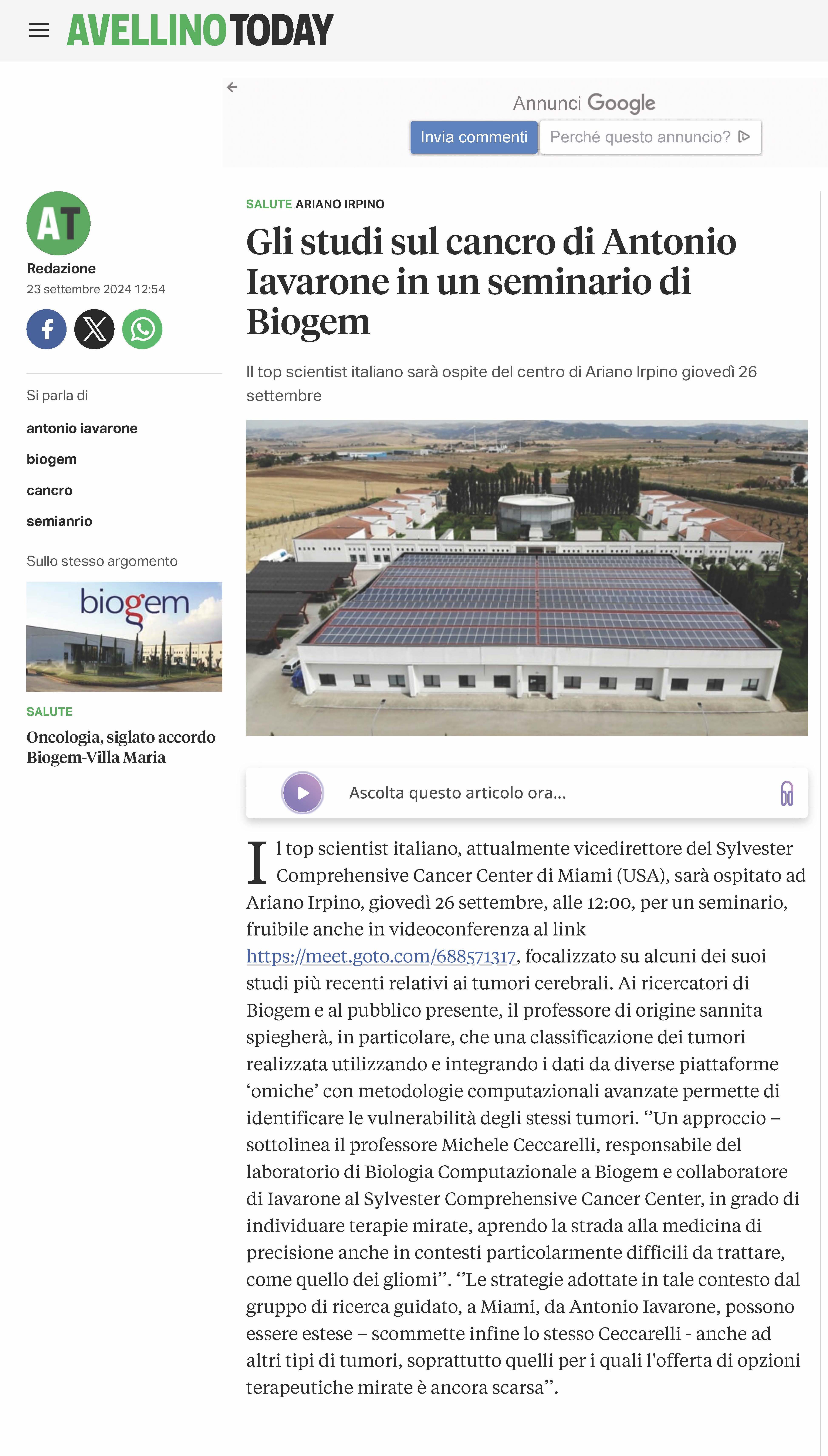 Gli studi sul cancro di Antonio Iavarone in un seminario di Biogem